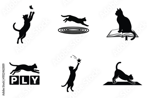 Black cat silhouettes in various playful and elegant poses, including jumping, stretching, reading, and interacting with a butterfly and a star.