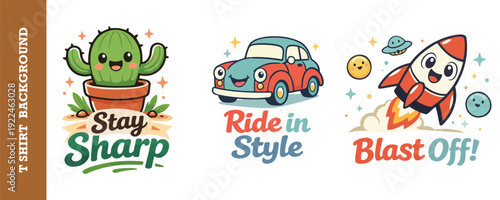 Cute and colorful cartoon illustrations featuring a happy cactus a stylish car and a rocket blasting off with fun text elements