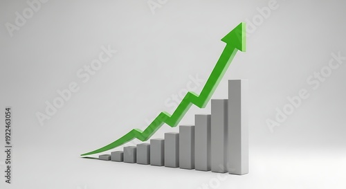 Green upward arrow rising from bar chart in realistic 3D style on clean background, business analytics concept representing growth, profit increase, and financial performance. Free Download Green upward arrow rising from bar chart in realistic 3D style on clean background, business analytics concept representing growth, profit increase, and financial performance. - GFXLoad