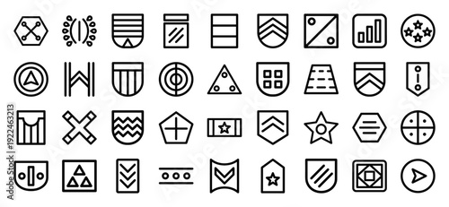 Military rank and heraldic shield outline icons for game interface design. Professional monoline insignia featuring chevron, star, and geometric crest elements.