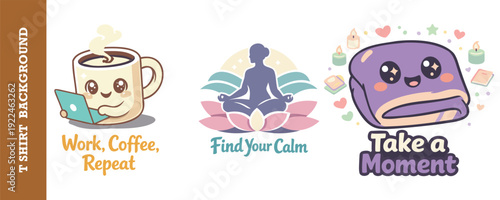 Cute and colorful cartoon illustrations featuring motivational themes for work life balance and selfcare routines isolated on transparent background