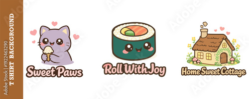 Cute and colorful cartoon logos featuring a cat with ice cream a sushi roll with a face and a cozy cottage with hearts and flowers