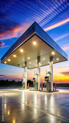 Evening scene at a modern gas station with fuel pumps