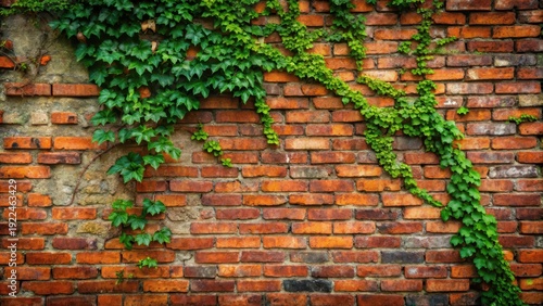 Distressed red brick wall with vines and moss growth