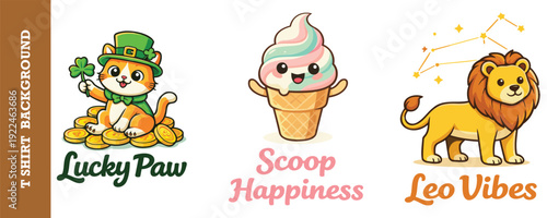 Cute and colorful t shirt design featuring a lucky cat with leprechaun hat a happy ice cream cone and a friendly lion with astrology vibes