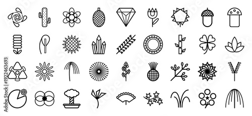 Abstract nature and botanical monoline icons featuring geometric flora, crystalline structures, and organic garden elements for modern branding and eco-conscious web design.