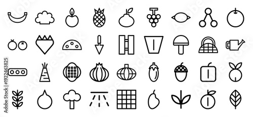 Agricultural icons and organic food symbols in a modern monoline style. Minimalist outline pictograms for sustainable farming and grocery retail interfaces.