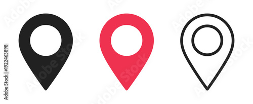 Flat Icon Set Of Location And Map Pins, GPS Navigation Marker Collection, Modern Outline And Solid Style Symbols For Web And Mobile App Interface, Vector Illustration Isolated On Transparent .