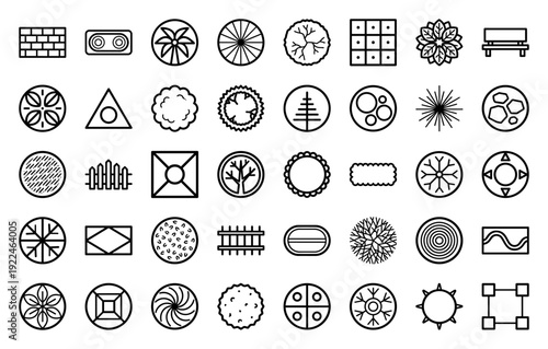 Landscape architecture and urban planning symbols for site mapping. Professional monoline top view icons featuring vegetation, furniture, and hardscape textures.