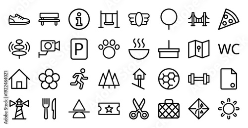 Urban lifestyle and travel wayfinding pictograms. Minimalist monoline icons for city navigation, park recreation, and tourism interface design.