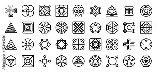 Abstract geometric symbols and sacred geometry elements for technical branding. Minimalist monoline icons featuring linear symmetry and futuristic polygonal shapes.