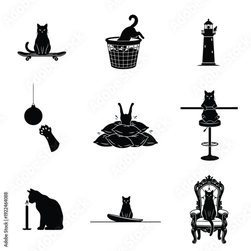 Collection of black cat silhouettes in various playful and humorous situations including skateboarding climbing and relaxing.