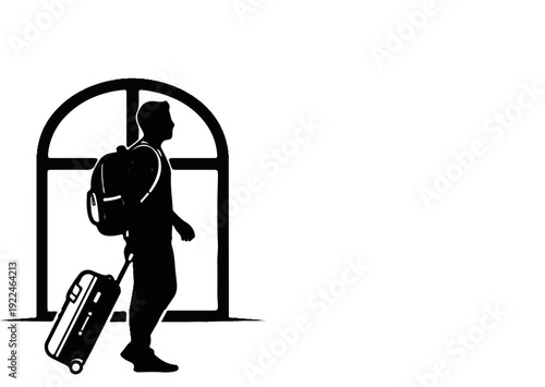 Silhouette of a person with backpack and rolling suitcase walking through arched doorway