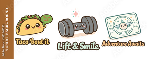 Cute and colorful tshirt design elements featuring a smiling taco dumbbell and airplane badge isolated