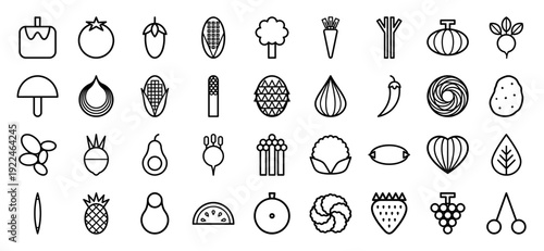 Fresh organic produce and healthy lifestyle monoline icons featuring fruits and vegetables. Minimalist geometric line art for grocery branding and culinary nutrition guides.