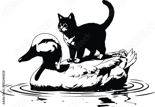 Black cat standing on a duck swimming in water, black and white illustration