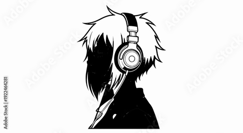 Silhouette of a person with spiky hair wearing headphones, abstract