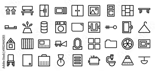 Modern home lifestyle and interior design monoline pictograms. Minimalist household appliance and furniture icons for smart living interfaces and real estate branding.