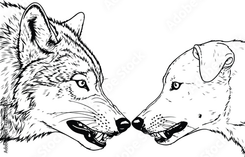 Closeup profile portraits of a wolf and a dog facing each other, black and white line art illustration
