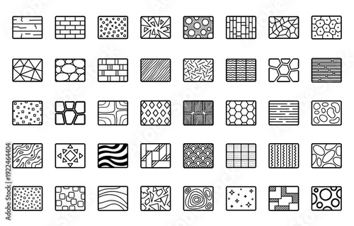 Seamless architectural texture patterns and geometric surface finishes for interior design mapping. Monoline technical hatching and masonry material symbols.