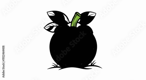 Silhouette of a plump apple with leaves and stem, grass below