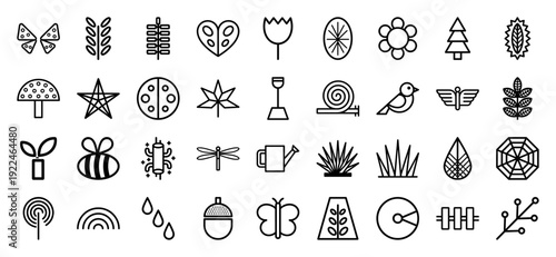 Nature and gardening monoline pictograms for environmental branding. Minimalist geometric line art featuring botanical, insect, and outdoor growth symbols.