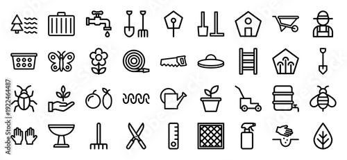 Sustainable gardening and organic farming monoline icons. Technical line art elements for landscaping, horticulture, and backyard cultivation projects.
