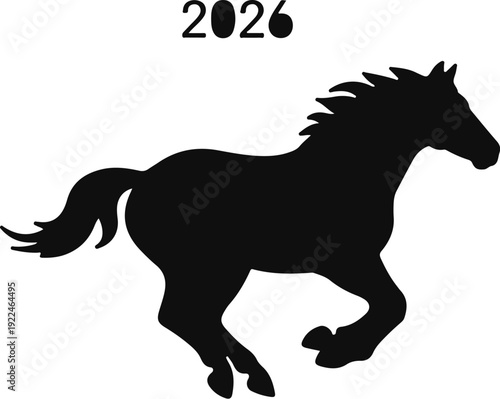 Silhouette of a powerful horse running, with the year 2026 above