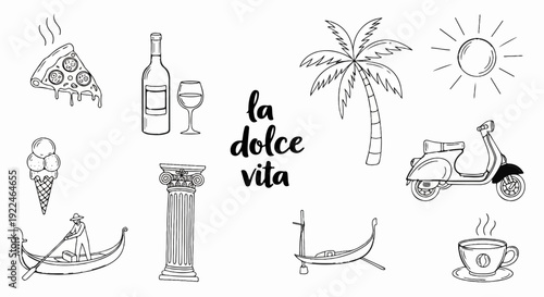 Sketch of Italian icons pizza, wine, ice cream, gondola, column, palm, scooter, sun, coffee