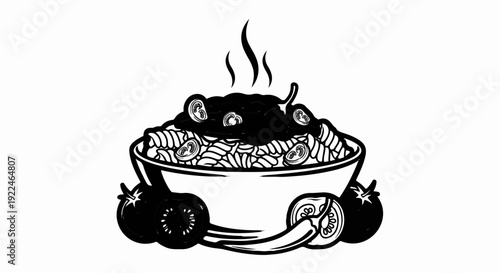 Steaming bowl of pasta with tomatoes and chili peppers, served with fresh ingredients