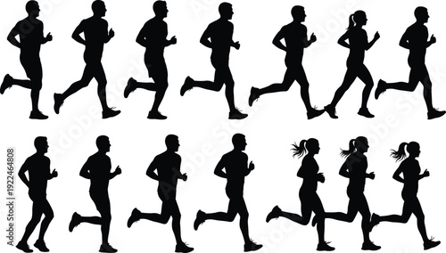 Running men and women silhouette set, group of marathon runners jogging in motion poses, fitness exercise and athletic workout collection