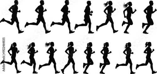 Running silhouette set of men and women, jogging people collection in various motion poses, fitness marathon runners and athletic workout silhouettes