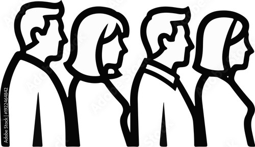 Simple line art depicting four individuals in profile, two men and two women, in a row