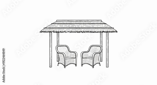 Sketch of two woven chairs under a thatched roof gazebo