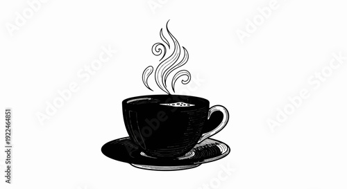 Steaming hot coffee in a classic cup and saucer, black and white sketch