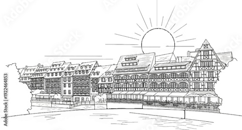 Sketch of riverside buildings with awnings and a bright sun rising above