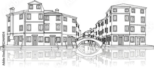 Sketch of Venetian buildings with bridge over canal reflection