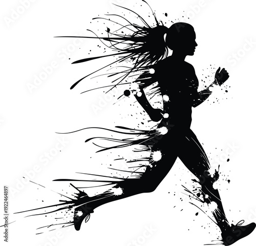 Running silhouette, ink splatter art, dynamic motion, athlete figure, speed concept, brush stroke design, expressive artwork, sports energy, abstract runner, fitness illustration