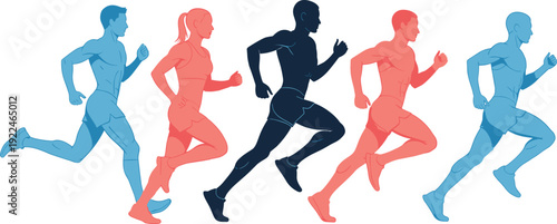 Running silhouettes, athletic figures, colorful runners, fitness motion, sports competition, dynamic posture, human movement, speed illustration, diverse athletes, training design