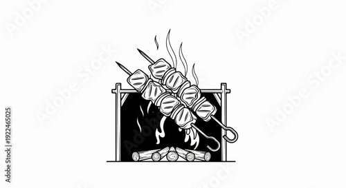 Skewers of meat grilling over an open fire with smoke rising
