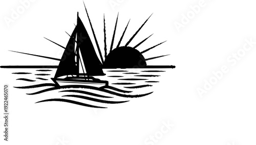 Silhouette of a sailboat on water with a rising sun