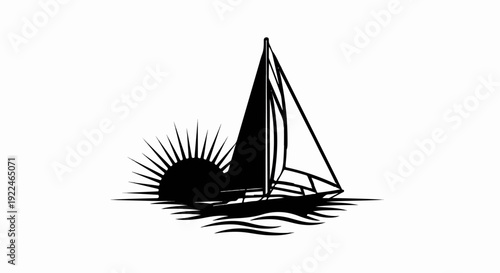 Silhouette of a sailboat on wavy water with a sunburst behind it