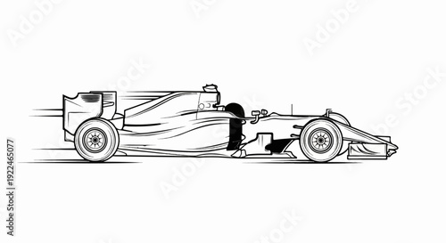 Sleek black and white outline drawing of a race car in motion