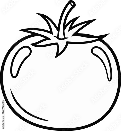 Simple line art illustration of a round tomato with a stem and leaves