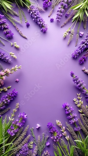 Majestic lavender background with scattered flowers and greenery