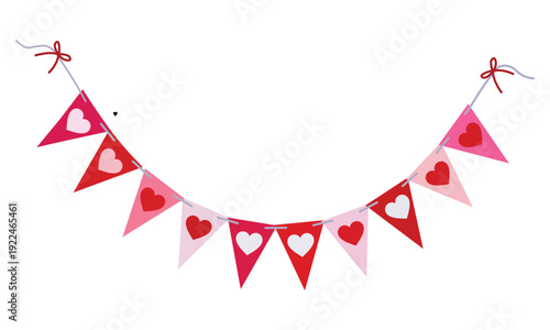 Colorful heart shaped pennant banner with red pink and white flags for valentines day or love celebration
