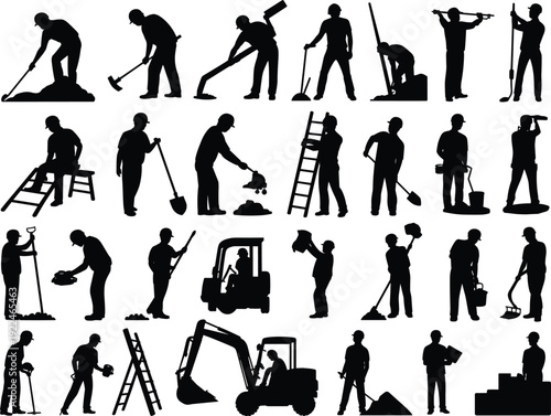 Construction worker silhouettes, industrial labor tools, shovel and pickaxe illustration, wheelbarrow and ladder art, blueprint design, workforce diversity concept