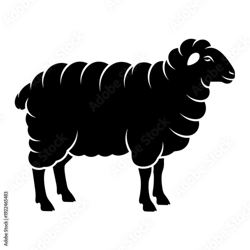 Black Sheep Silhouette with Curly Fleece Standing on White Background