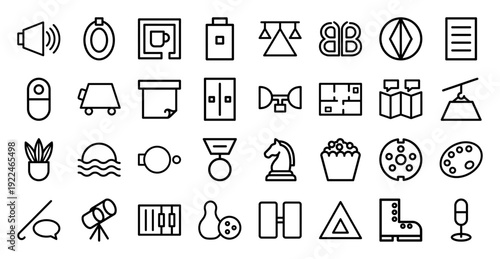Eclectic monoline pictograms for lifestyle and creative industries. Minimalist geometric symbols featuring chess, astronomy, hobbies, and professional tools.