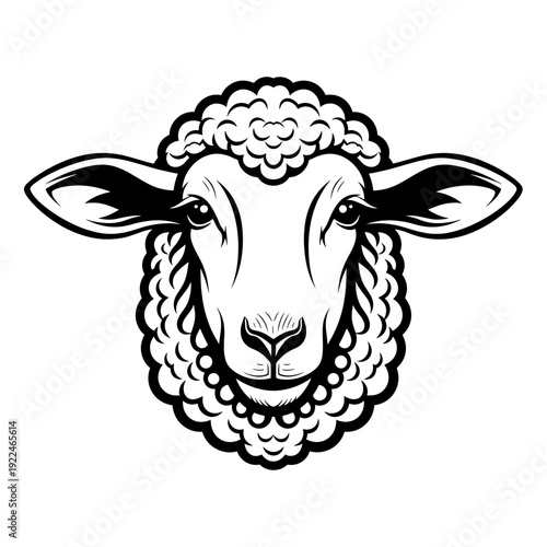 Black and White Sheep Head Illustration with Textured Wool Collar